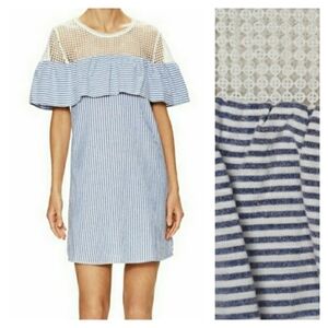 FIRTH Eyelet Lace Ruffle Pin Stripe Print Shift Dress Small